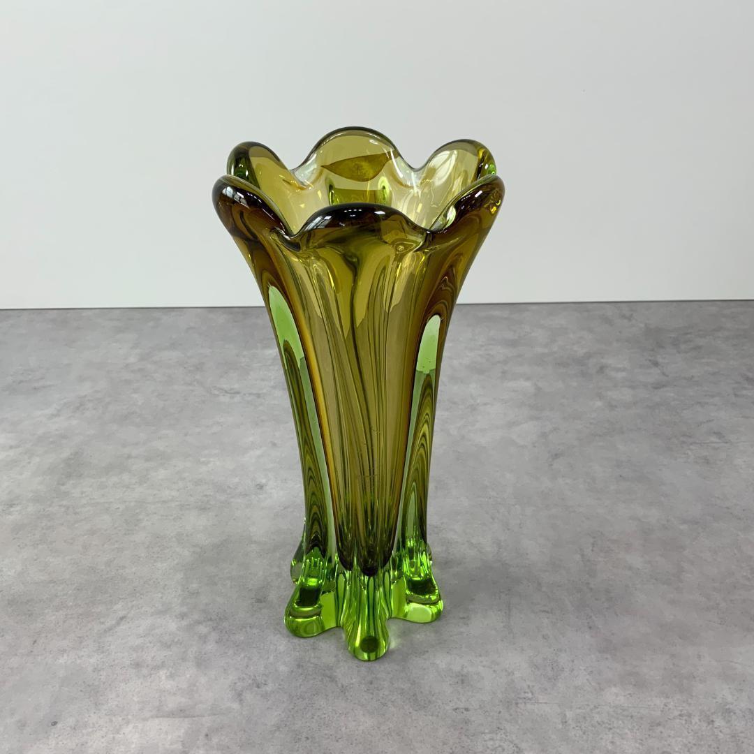 ジャパン ヴィンテージ ガラス ベース 緑×黄色 グラデーション 花器 花瓶