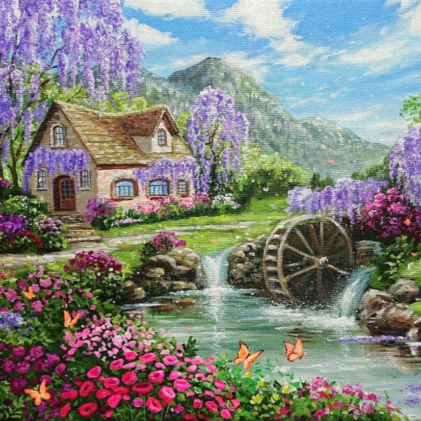 【藤の花が咲く頃】アクリル画 F3 風景画 絵画