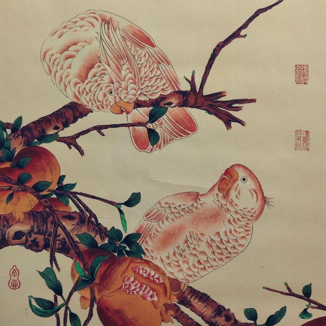 四尺 中堂画 掛け軸 李迪 花鳥図 桃 鸚鵡 中国画 宣紙 証明書付き 表装済み