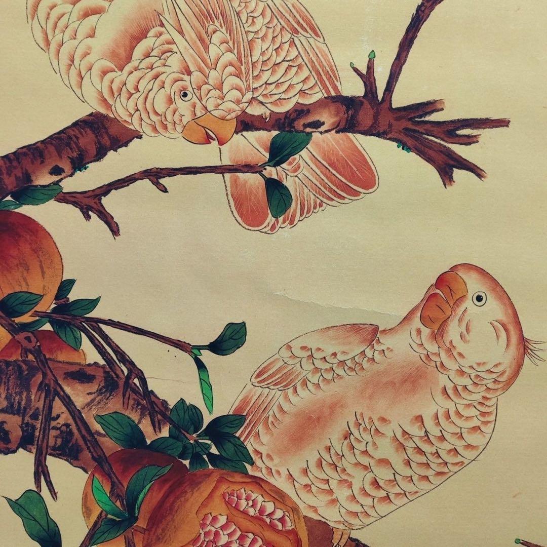 四尺 中堂画 掛け軸 李迪 花鳥図 桃 鸚鵡 中国画 宣紙 証明書付き 表装済み