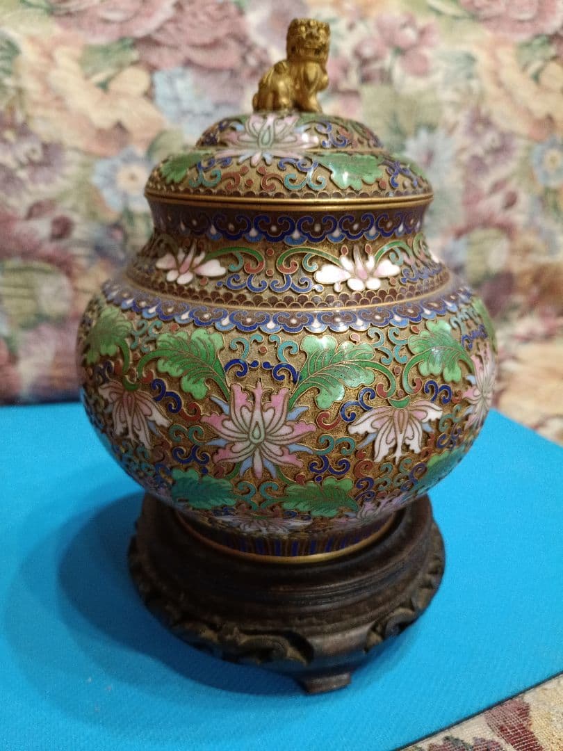 中国美術　七宝焼（景泰藍）金獅子香炉.沈香壺 昭和レトロアンティーク