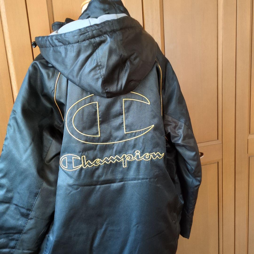 Champion フード付きロングベンチコート ブラック