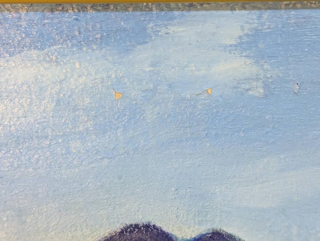 【真作】絵画　油彩10号　春の山河　桜咲く清流と青空の風景　Z197