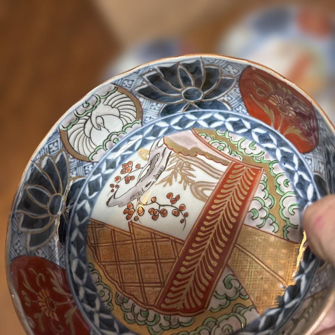 力作古伊万里色絵なます鉢（皿）五個セット中鉢　中も外も素敵な絵付け　収納木箱付き