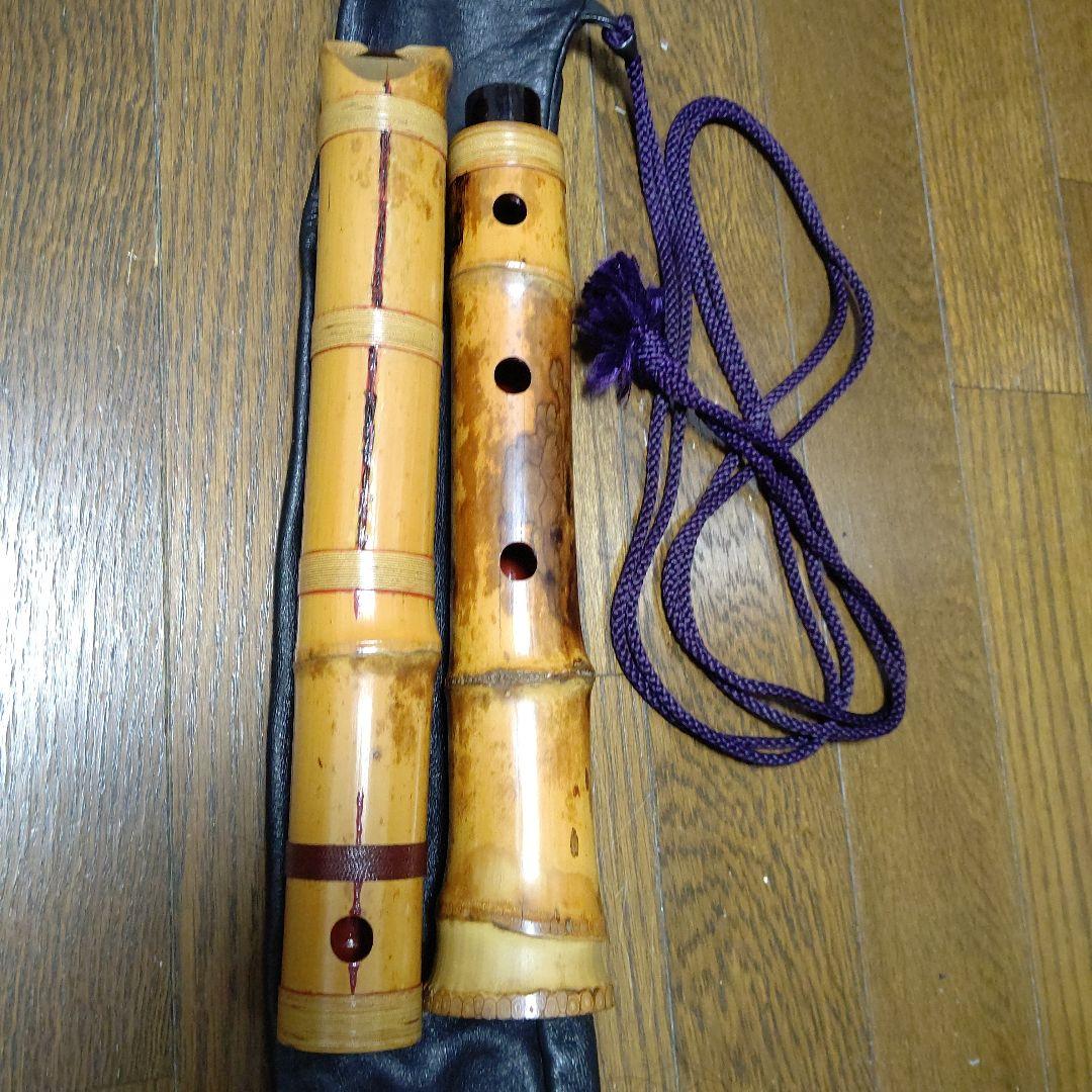 友正岳童銘一尺八寸管三印　皮袋付き検　尺八　伝統楽器　琴古流　和楽器