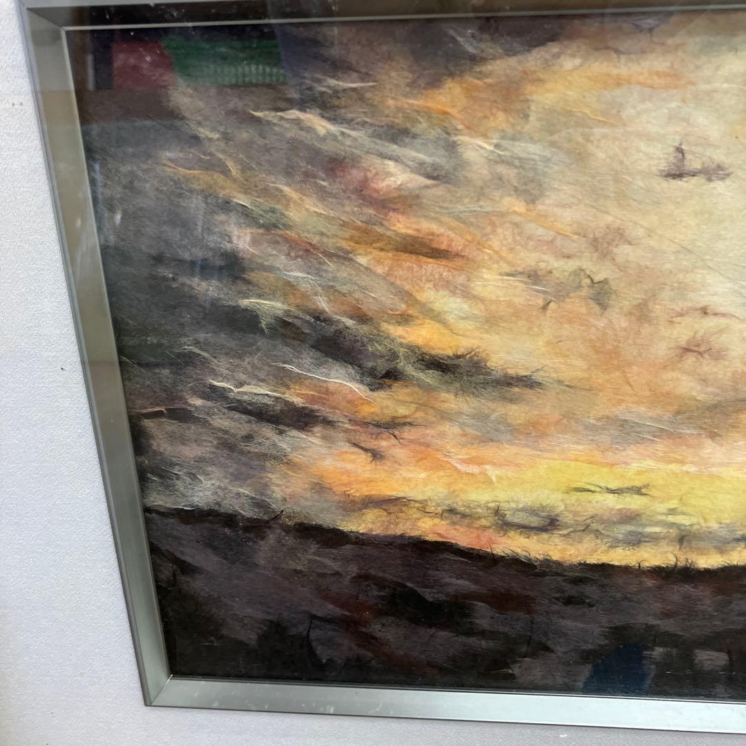 風景画 夕焼け 雲 額装 アート インテリア 壁掛け 和紙風 ちぎり絵 貼り絵