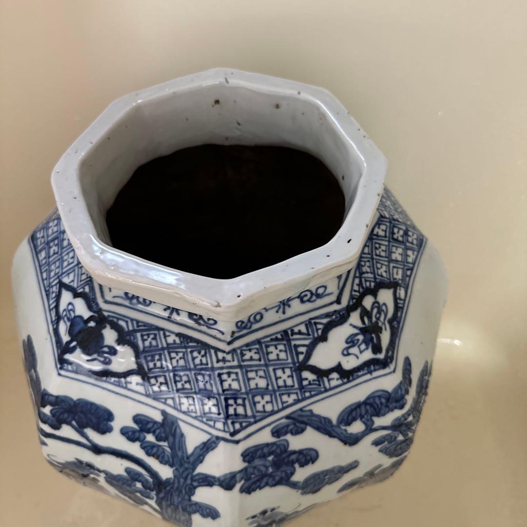 景徳鎮、神獣花紋、染め付、特大八角沈香壺。 リビング、花いけ、玄関、傘立てに！