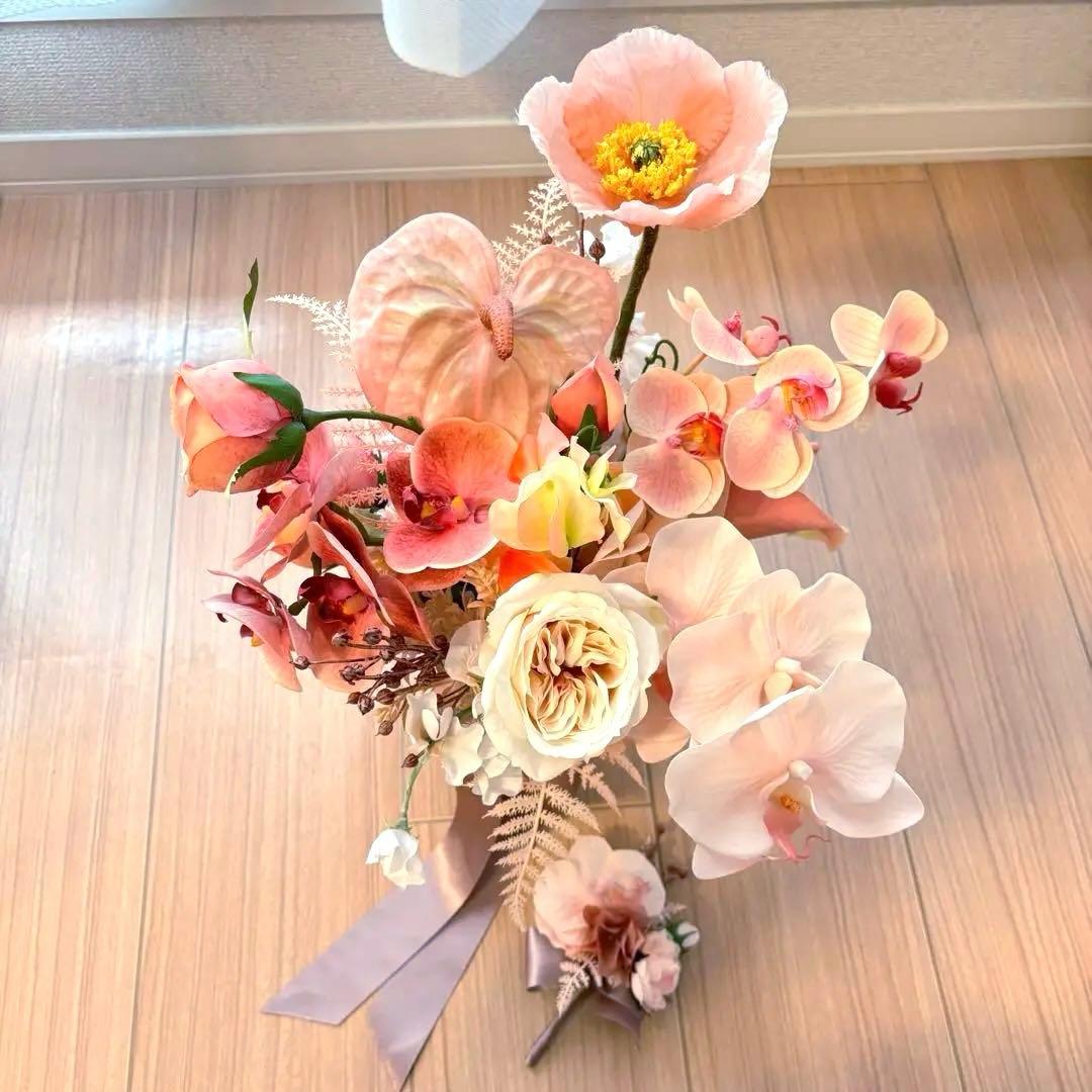 アーティフィシャルフラワー　高級造花　ブーケ　ブートニア ピンク　ピーチカラー