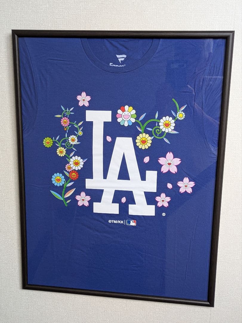 【限定品】ドジャース×村上隆、特別コラボ、Tシャツ、Sサイズ、ブルー、額付