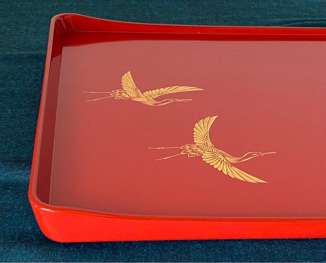 希少大サイズ美品　輪島塗　レトロ品　尺7寸52cm盆　手彫沈金　鶴5羽　お祝い用
