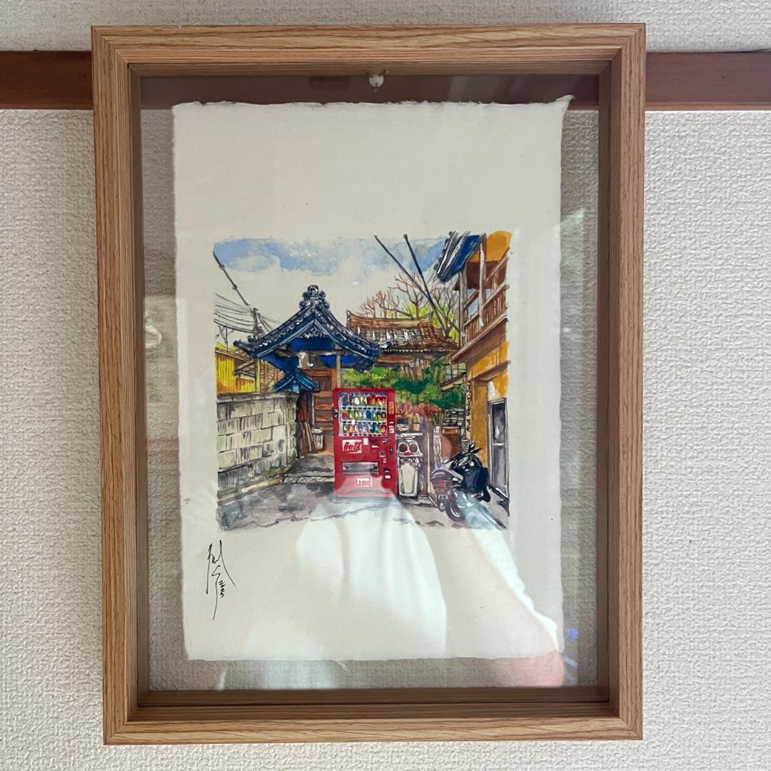 水彩画 自動販売機と日本の街並み