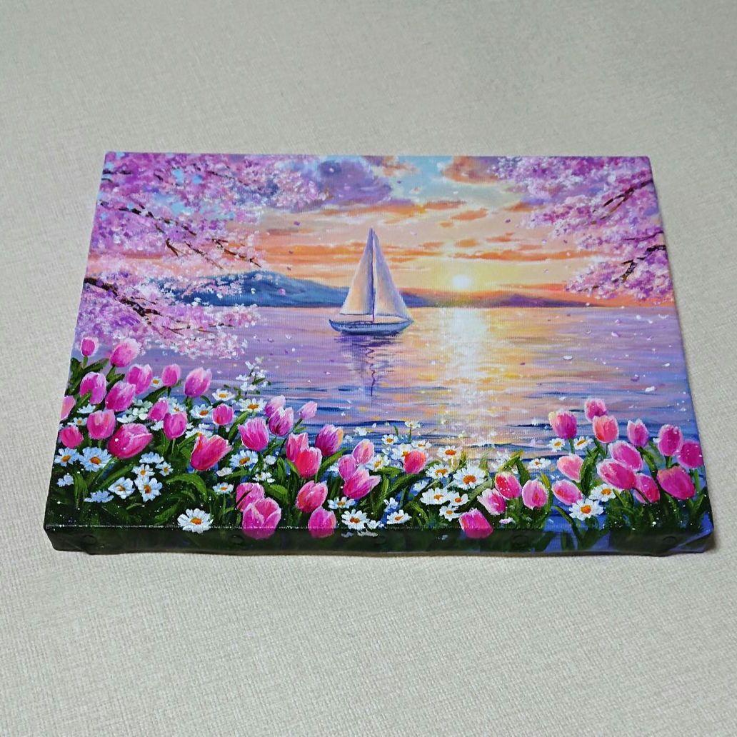 N*d様 【湖畔に咲く花】アクリル画 F3 風景画 絵画