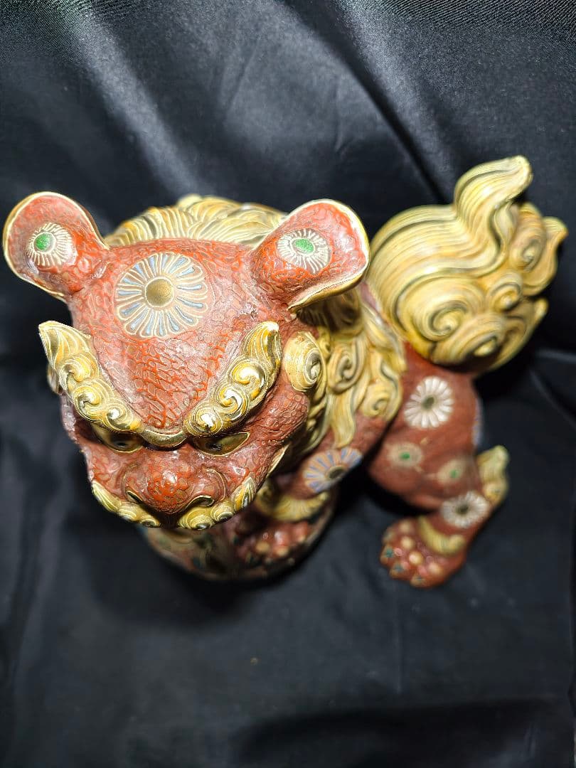 九谷焼 唐獅子 置物 魔除け 狛犬 玉獅子 縁起物 特大　在銘 骨董