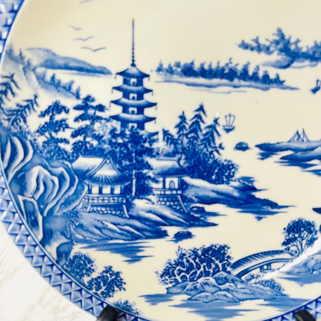 【縁起物】染付 富士山 山水画 大皿 31cm 飾皿 伝統工芸 五重塔 飾り
