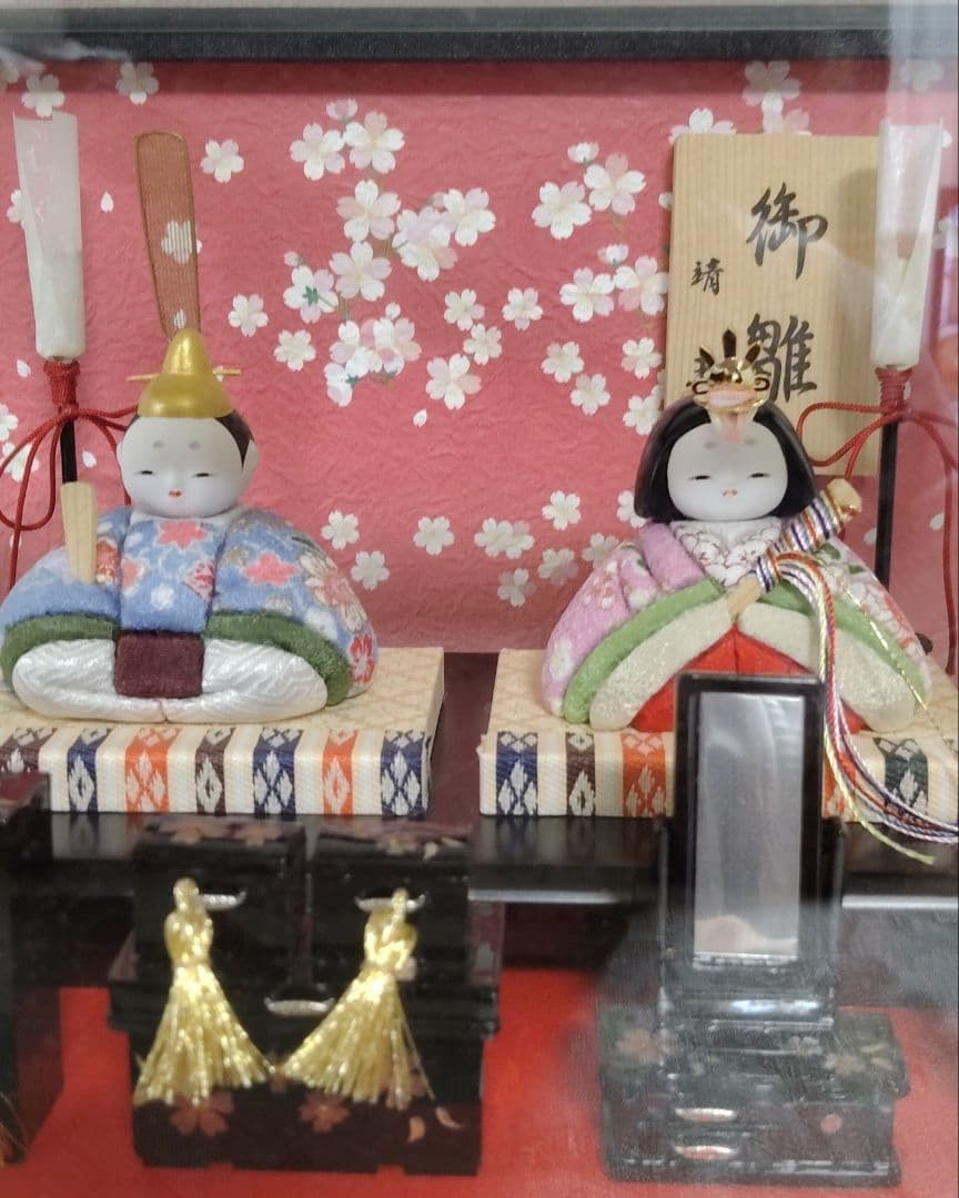 雛人形　コンパクト　 木目込み雛人形 親王飾り　 雛道具　 桜 の花びら ケース