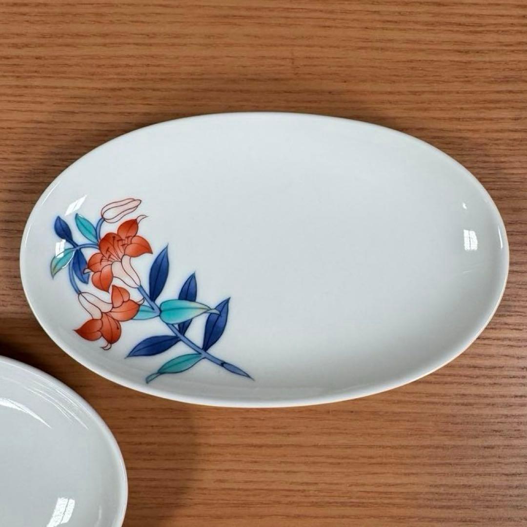 伊万里焼：畑萬陶苑：五草花 赤ユリ 楕円小皿×3枚セット☆