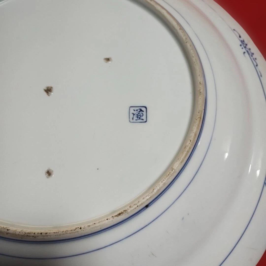 伊万里焼、青い鳥と波の模様の染付大皿、キズ無し 約40cm