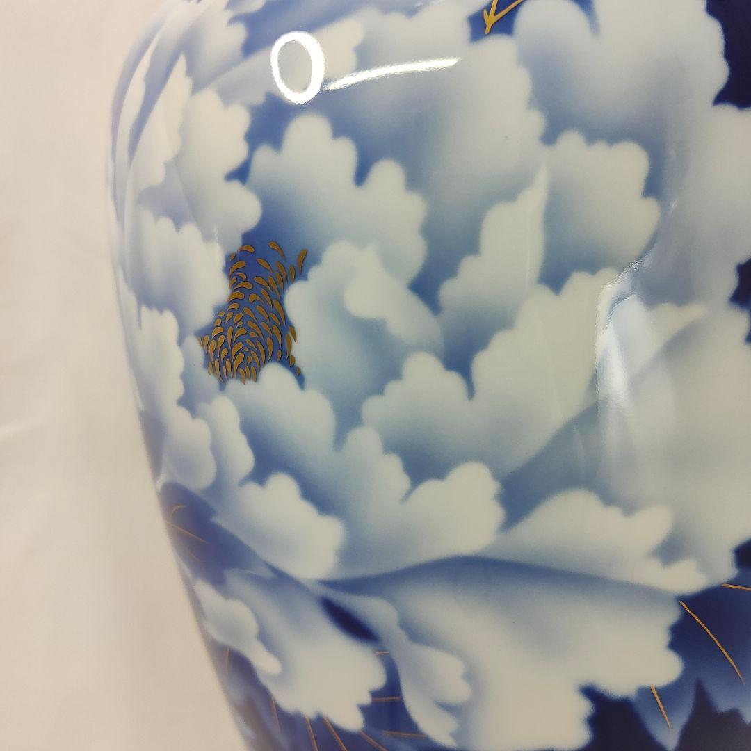 美品✨ 深川製磁 　ルリ牡丹 細長 14号花瓶　大花瓶　金彩瑠璃 38cm