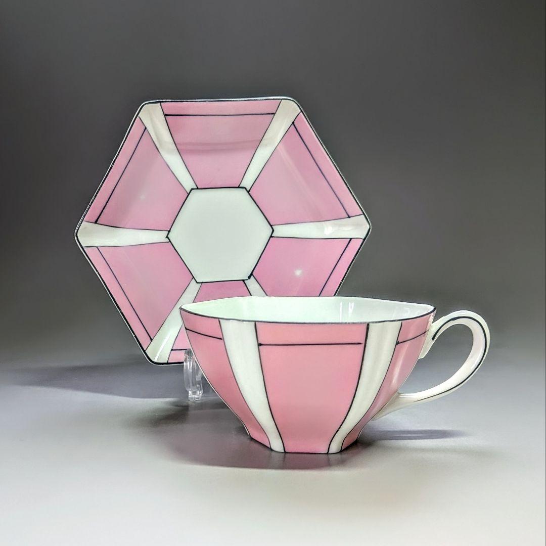 オールドノリタケ アールデコ ピンク幾何学文 カップ＆ソーサー M印