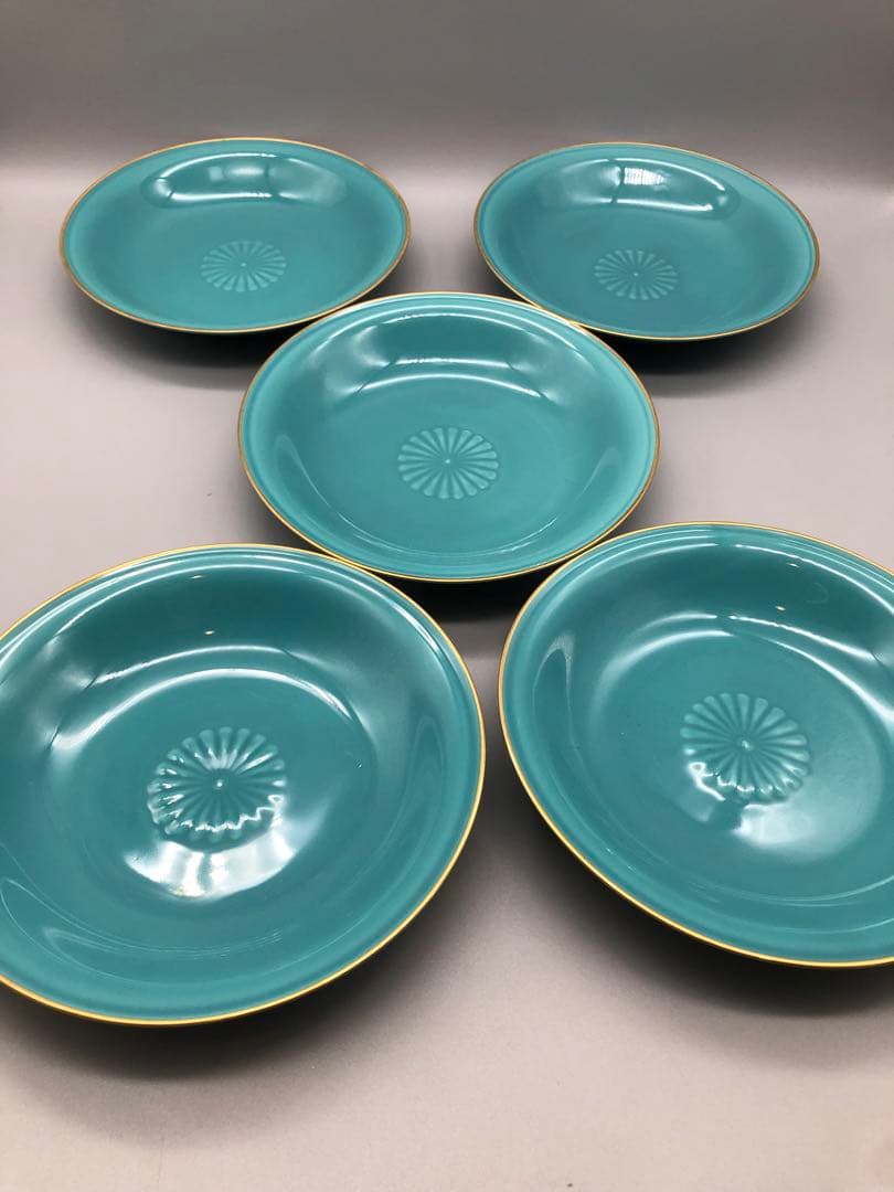 新品未使用美濃焼幸泉窯菊紋金彩エメラルドグリーン皿19.5cmプレート5枚