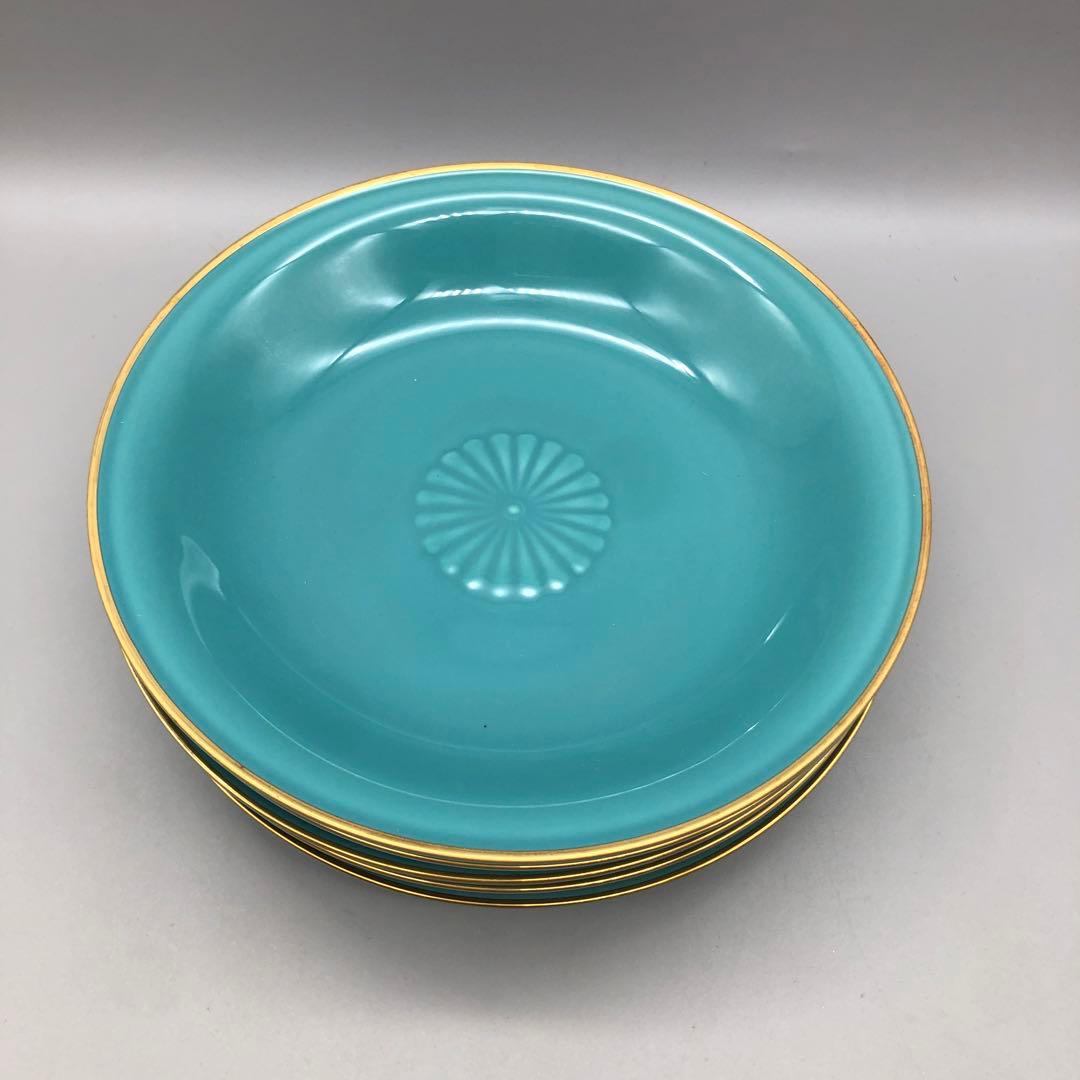 新品未使用美濃焼幸泉窯菊紋金彩エメラルドグリーン皿19.5cmプレート5枚