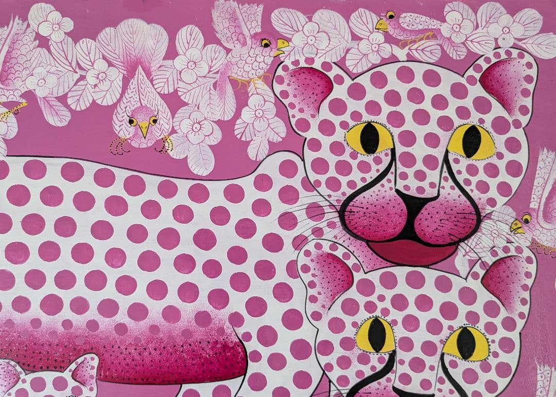 ●アフリカの絵画、ティンガティンガ、チーターの親子、ピンク、58×80cm