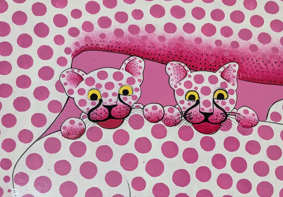 ●アフリカの絵画、ティンガティンガ、チーターの親子、ピンク、58×80cm