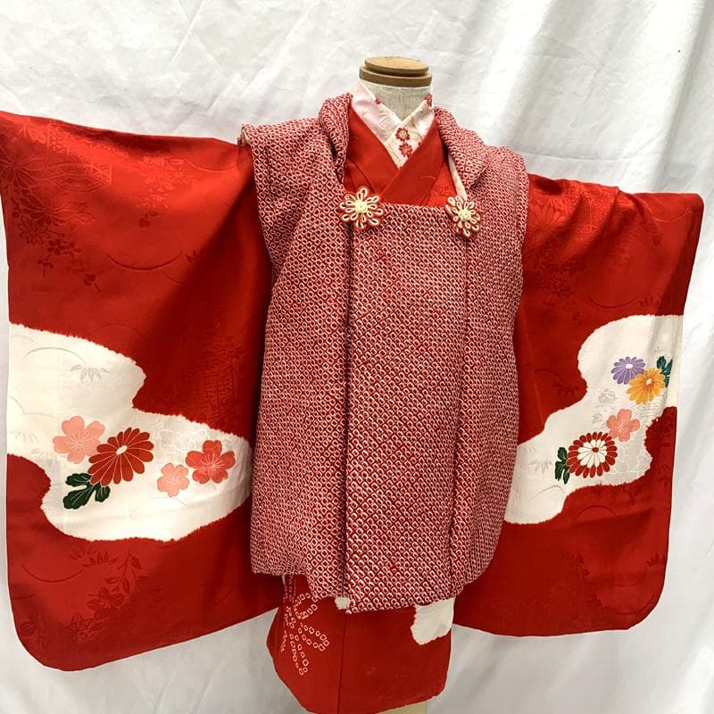 602ag22□七五三 三歳 女児 着物&被布&長襦袢 絞染め 花車□美品