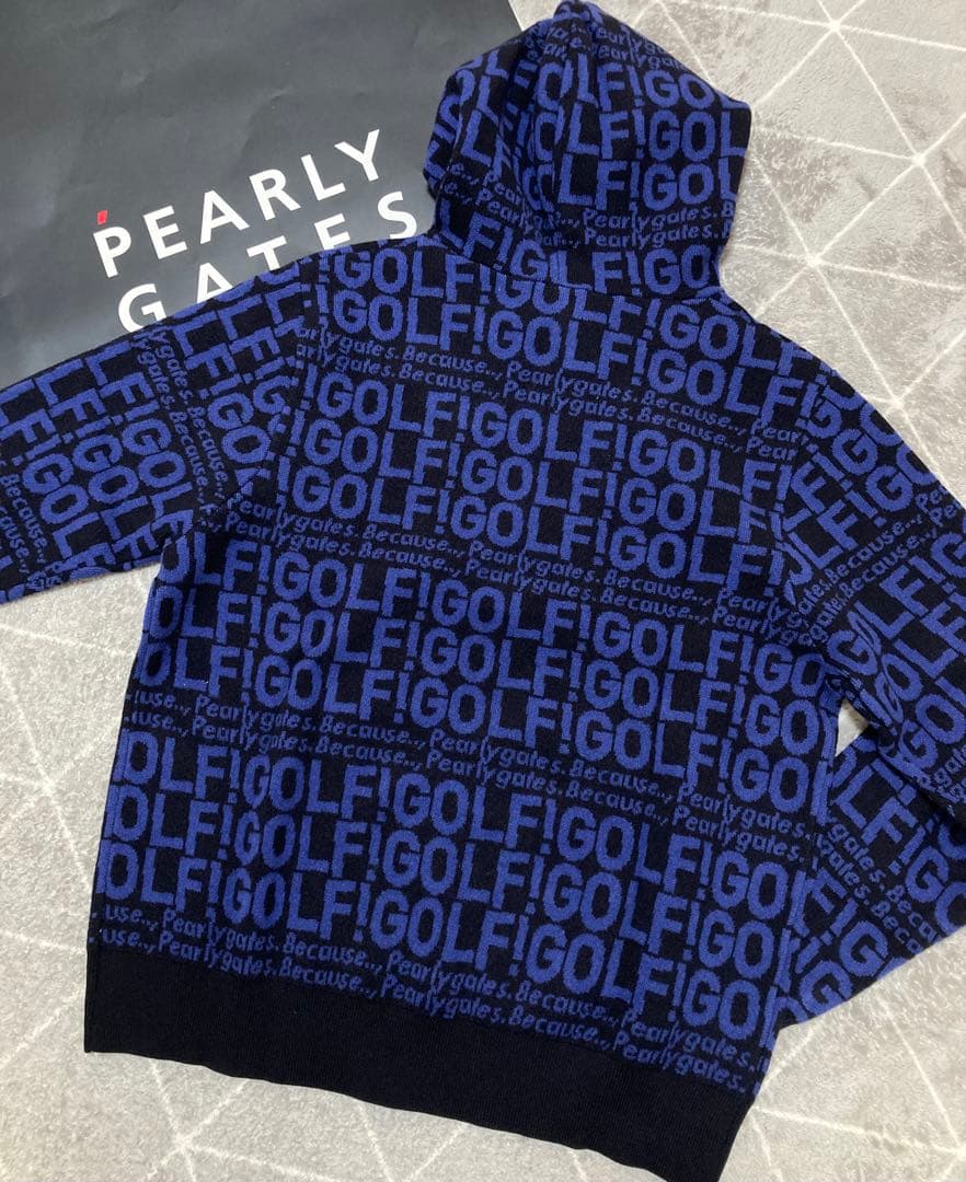 新品 パーリーゲイツ GOLF柄ジャガード ニット フーディ(4)サイズM/紺