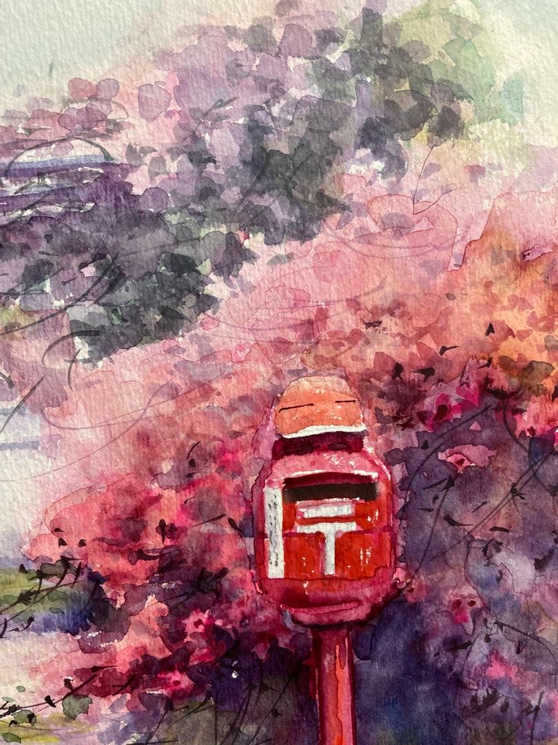 1100☆水彩画原画　風景画　バラの庭園　［赤いバラが好き］