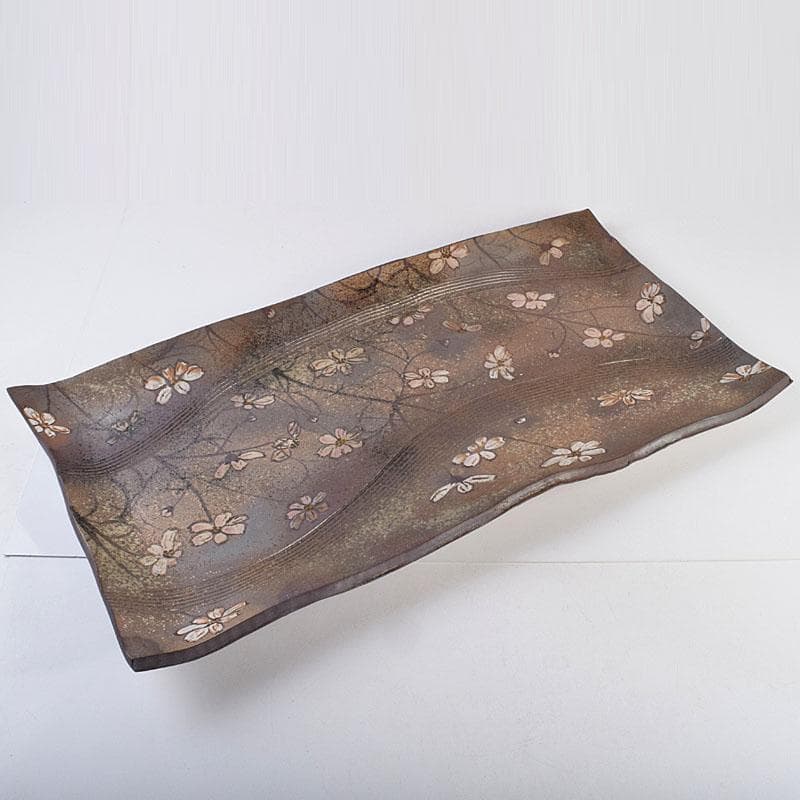 益子焼　堀越美紀作　自然釉　秋桜文　長皿　共箱　N　8681D