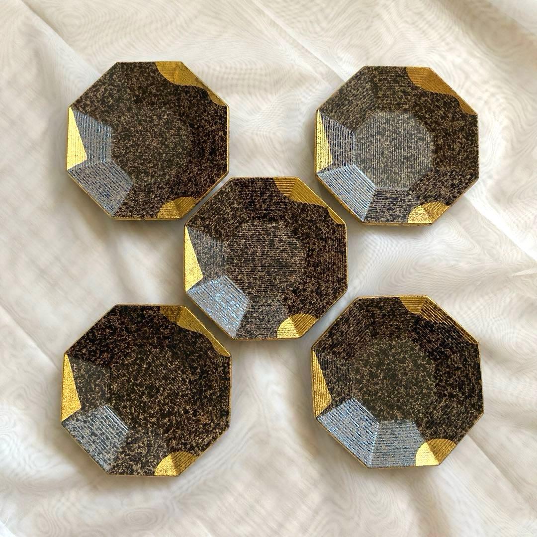美品★有田焼 陶悦窯 悦山 金彩 黒吹金地紋 八角皿 小皿 銘々皿 5客 お皿