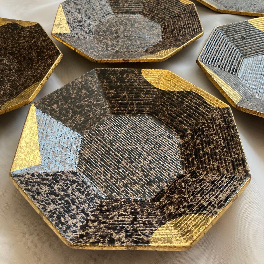 美品★有田焼 陶悦窯 悦山 金彩 黒吹金地紋 八角皿 小皿 銘々皿 5客 お皿