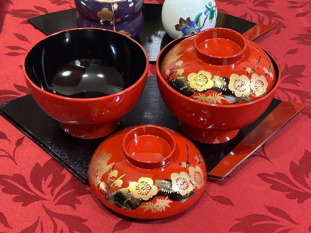 お二人様　お正月セット　松花堂弁当箱　雑煮椀　扇盆　九谷焼醤油差しなど　未使用