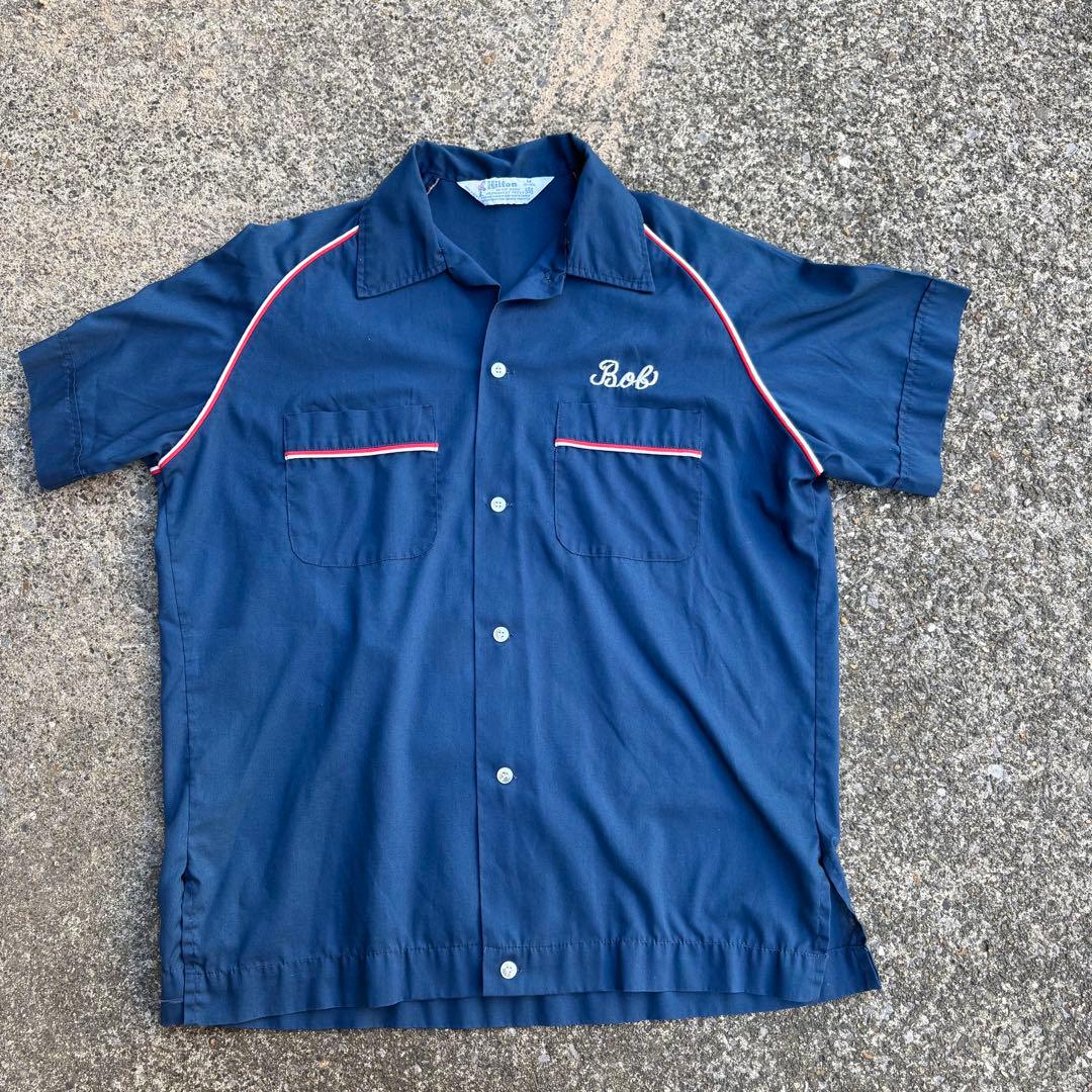 70s Hilton ボウリングシャツ　ネイビー　チェーンステッチ