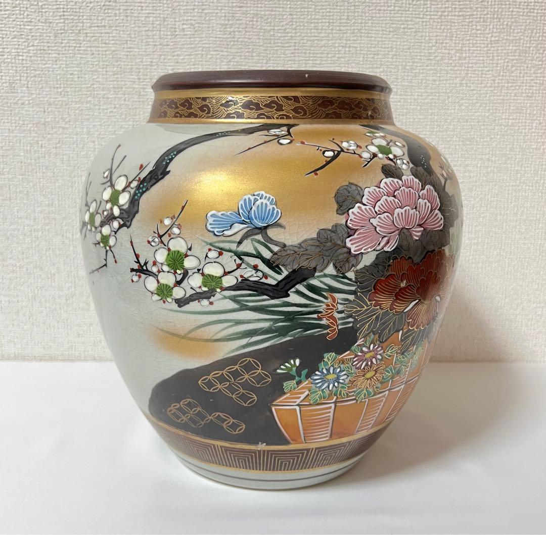 九谷竹隆 花瓶 壺 フラワーベース 金彩 花絵