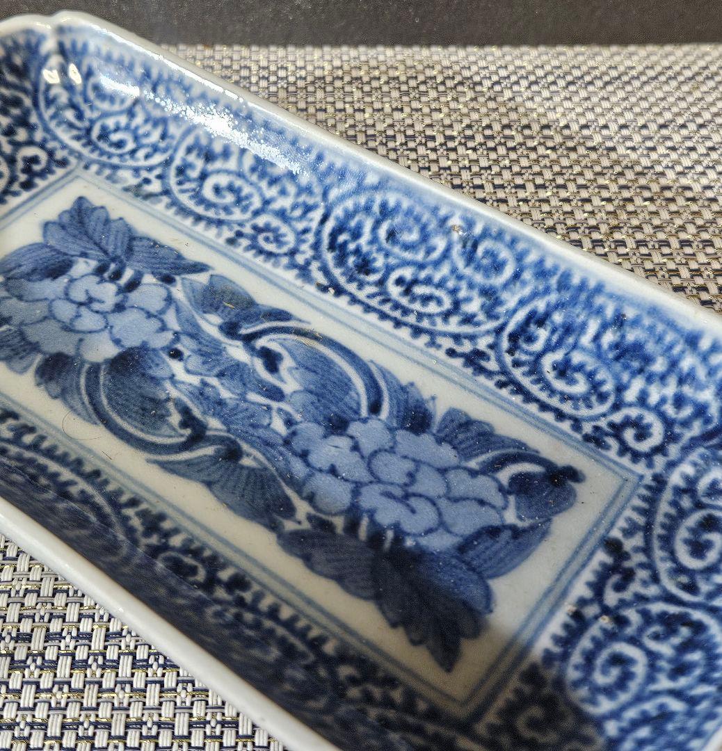【特価品❗】 江戸時代後期　古伊万里染付　たこ唐草文　牡丹図　長皿　21.7cm