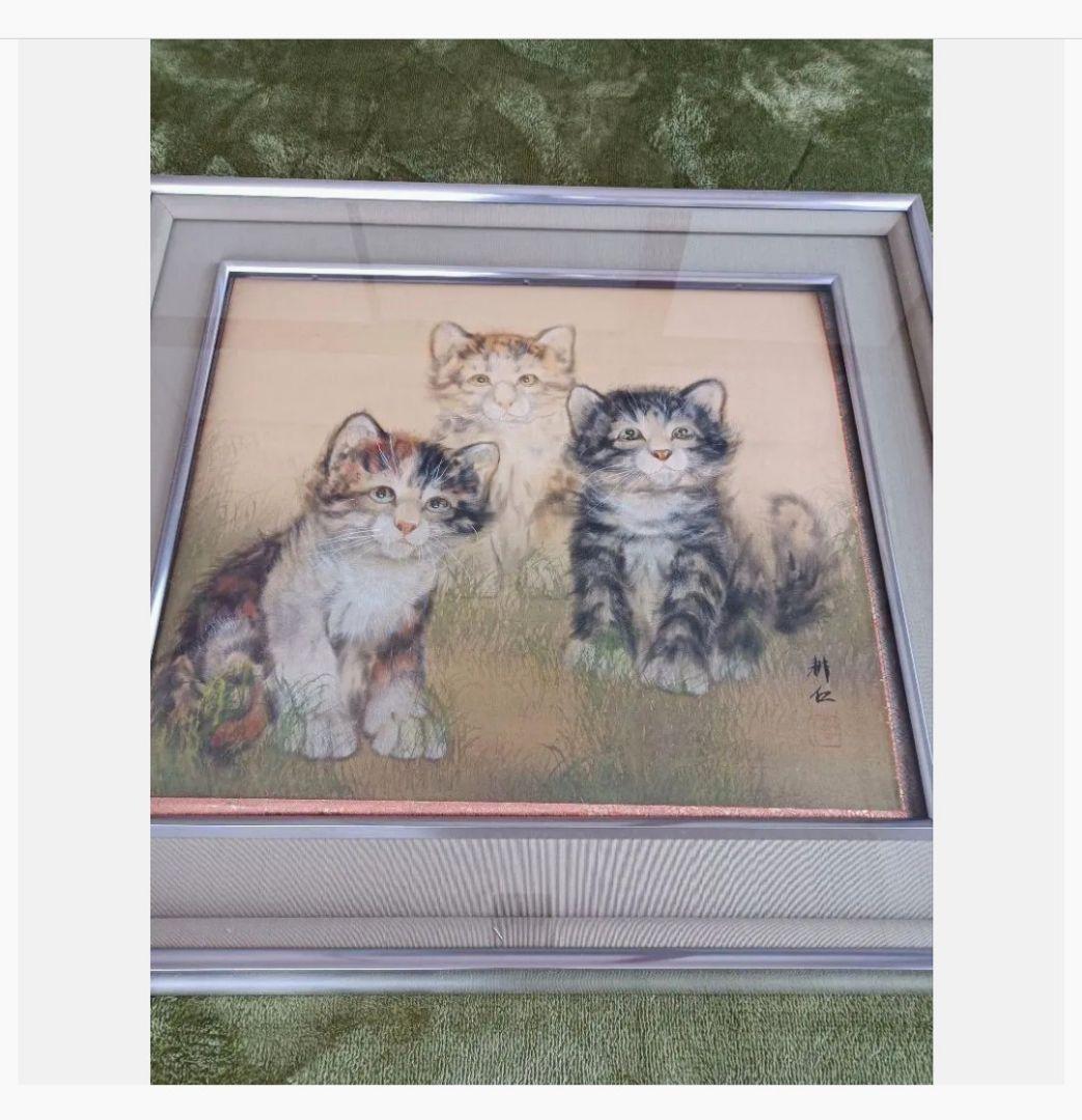 金運開運厄除け◎ 幸運を招く3匹の招き三毛猫 絵画 掛け軸 インテリア レア♪