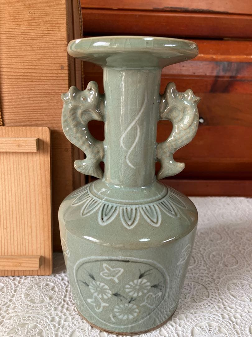【美品】 花入 雲鶴青磁 祥堂 茶道具