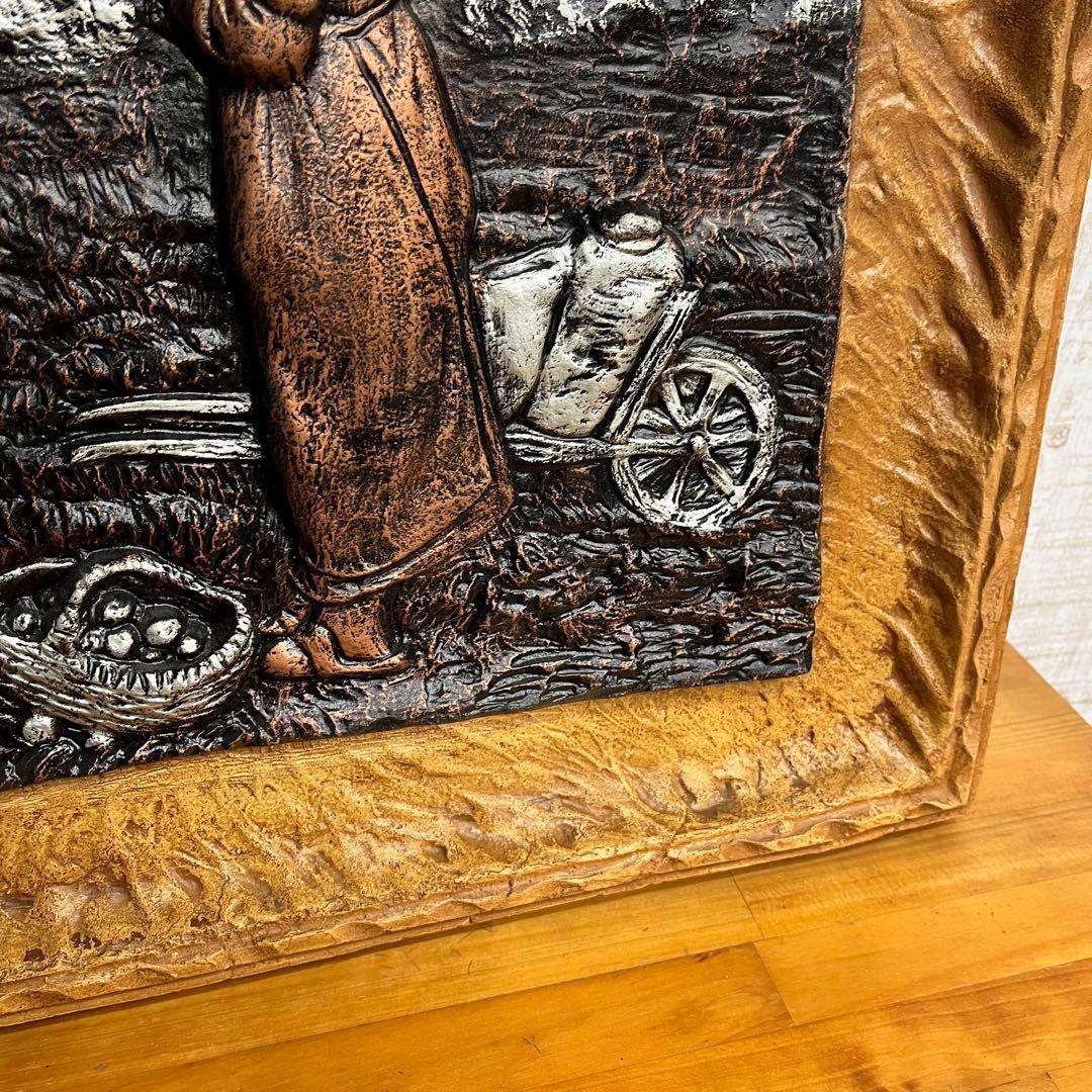 【アンティーク】額装 額縁 彫刻 浮彫 絵画 農場 晩鐘 レリーフ 美術品 骨董