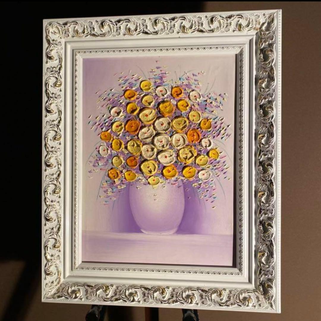★秀作★ 手書き油絵 立体花瓶の花 額付 絵画 インテリア 油彩画