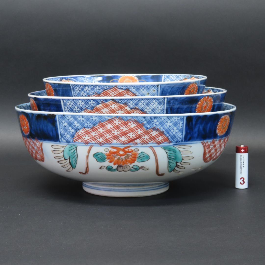 ⭕411 古伊万里 色絵錦手 三ツ鉢 菓子鉢 花鳥文 明治時代