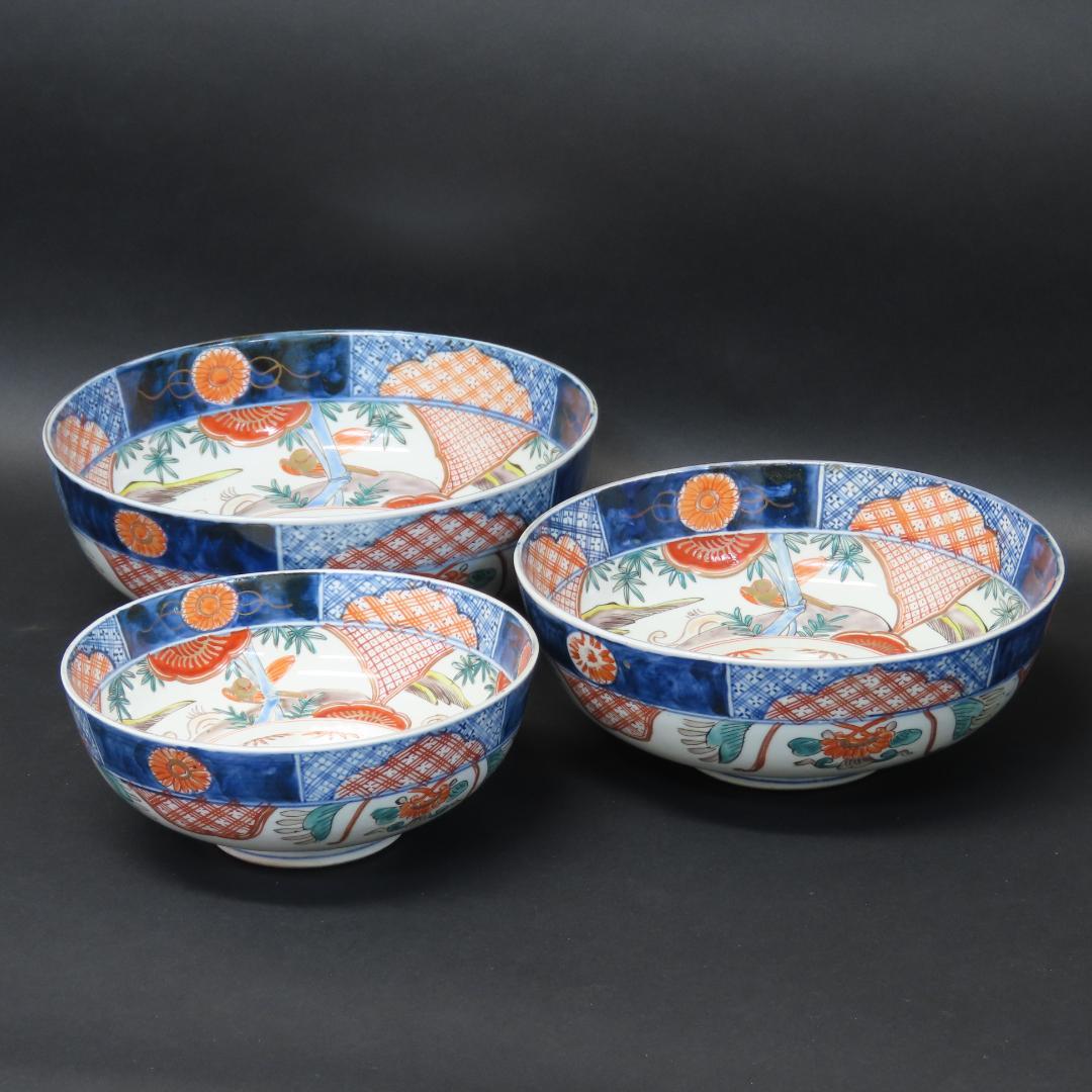 ⭕411 古伊万里 色絵錦手 三ツ鉢 菓子鉢 花鳥文 明治時代