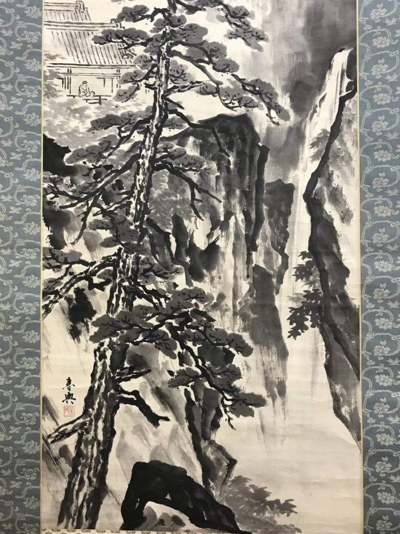 【真作】呉門春興/楼閣滝山水人物図/山水図/掛軸/名家伝来/AD-806