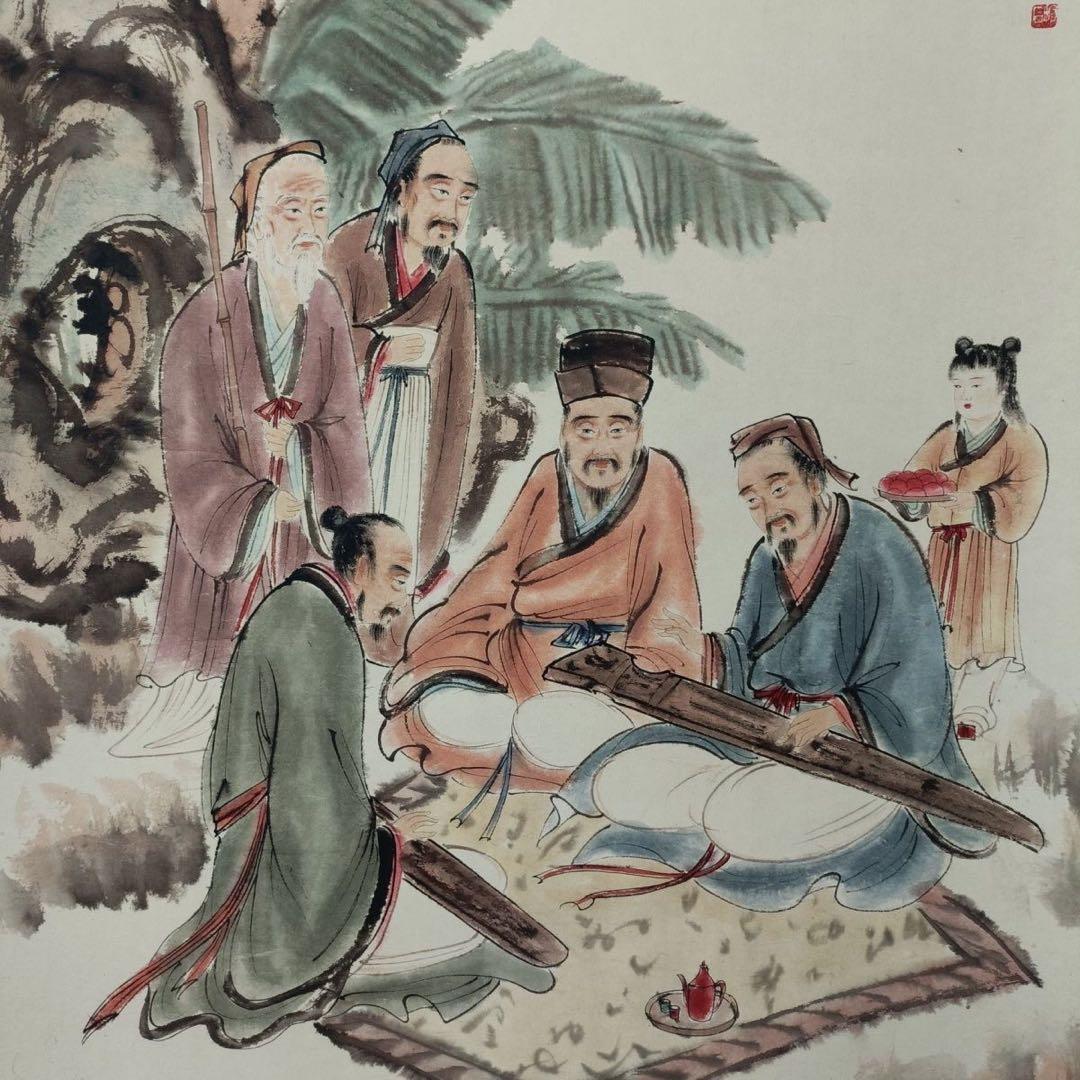 傅抱石《聚賢撫琴図》　三尺中堂掛軸　77×175cm