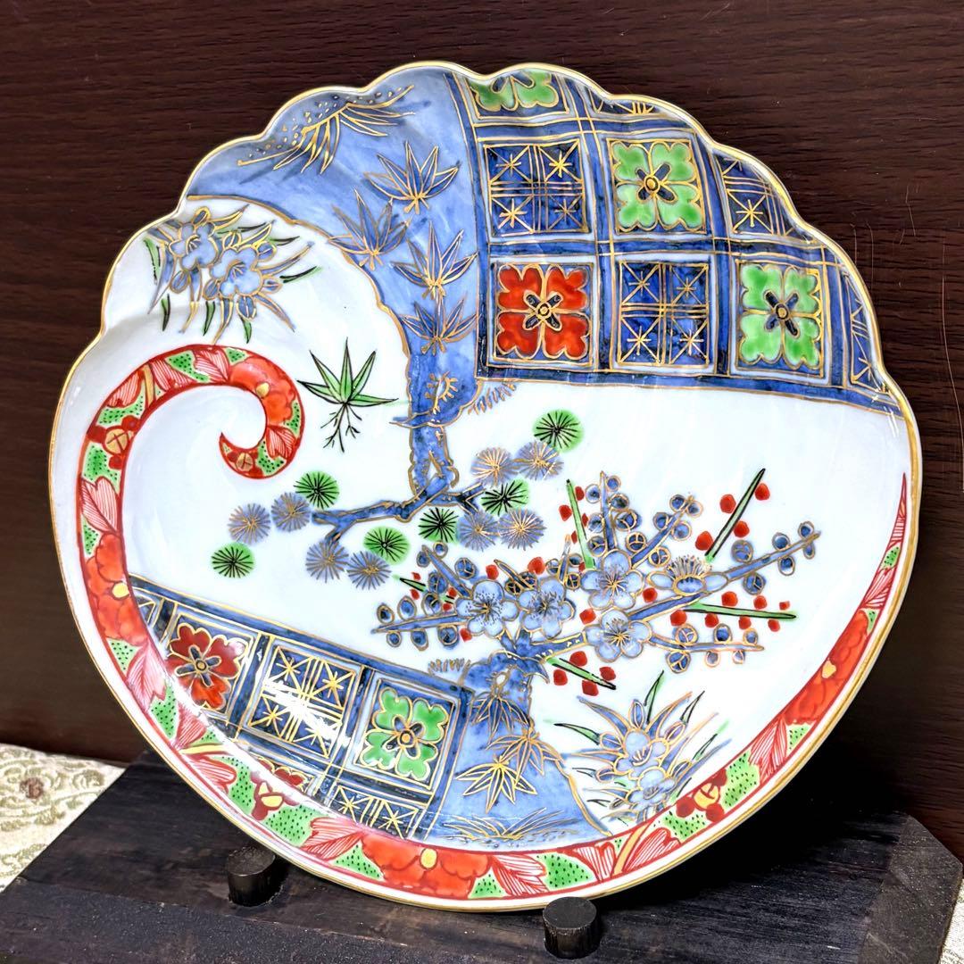 未使用保管✨九谷焼 芳岳 染錦松竹梅 鮑型 皿 単品✨中皿 皿 吉祥 松竹梅
