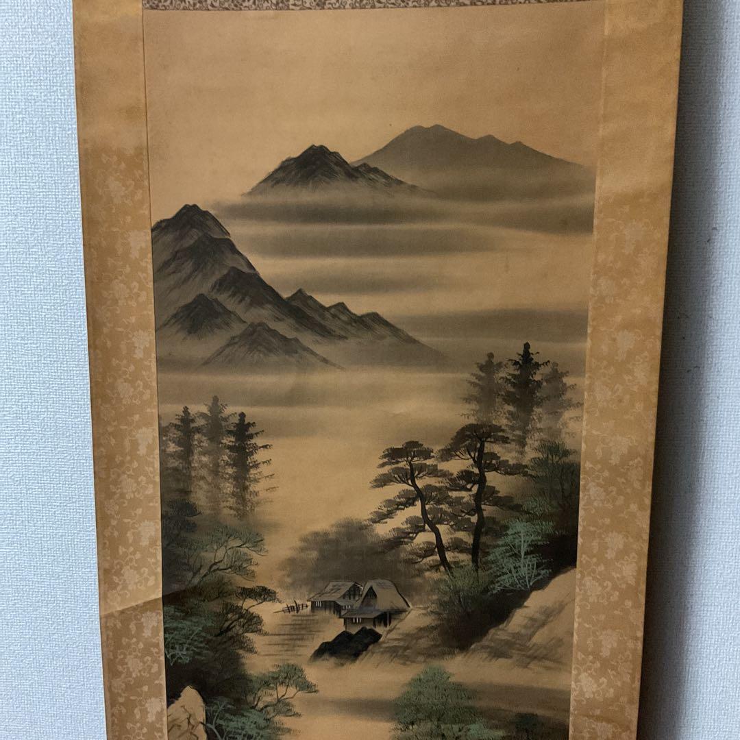 絹本彩色山水図 栖城筆 山村風景画 桐箱付
