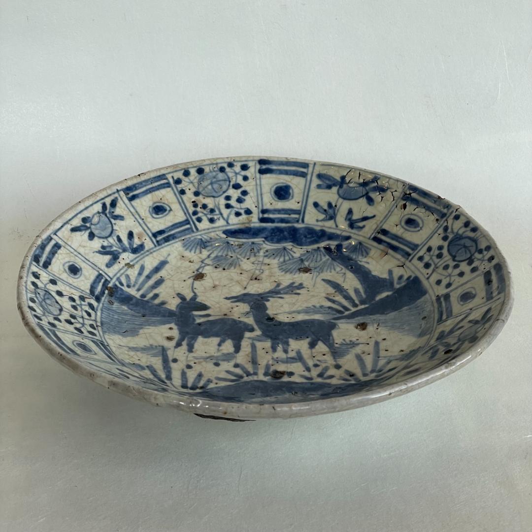 古伊万里 初期 染付 双鹿文 輪花大皿 Kraak 江戸前期 唐物 25.8cm