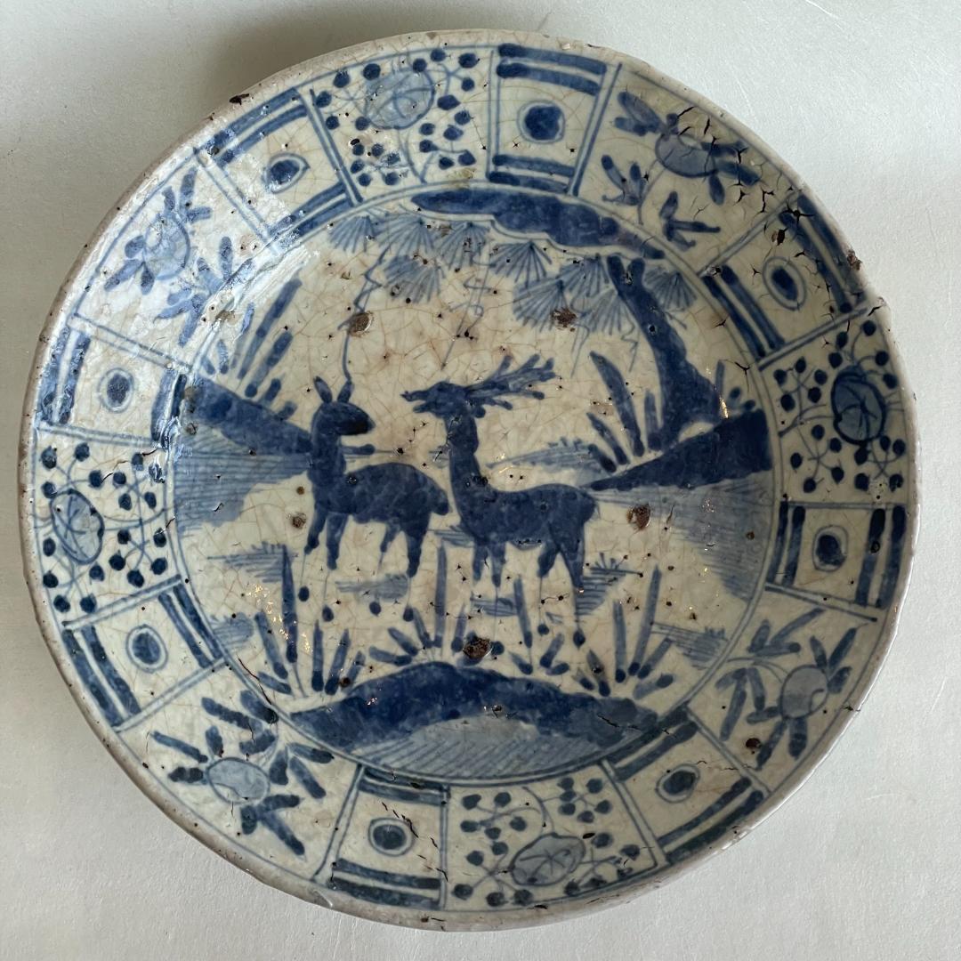 古伊万里 初期 染付 双鹿文 輪花大皿 Kraak 江戸前期 唐物 25.8cm