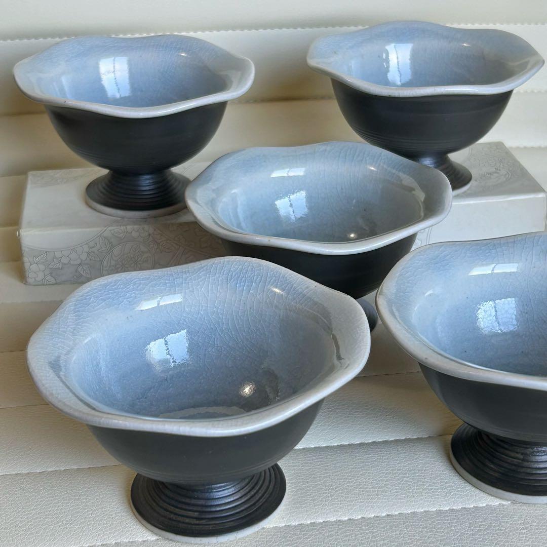 撫松庵　高台小鉢　5客セット　ブルー貫入　コンポート　デザートカップ　土物輪花鉢